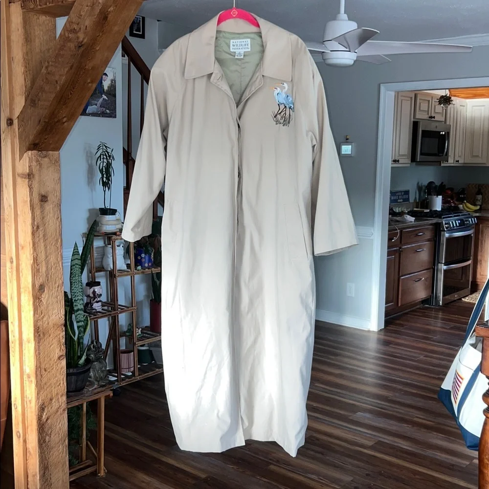 National Wildlife Federation Trench Coat Lined Embroidered Herons Tan Medium - Picture 3 of 12